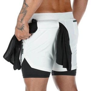 Pantalón corto de running 2 en 1 blanco para hombre con forro negro y lazo para toalla
