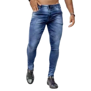 Men's skinny fit blue denim jeans with elastic waist and washed faded texture