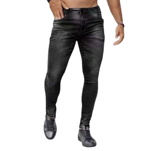 Men's slim-fit dark grey stretch jeans with distressed whiskers and a casual urban style