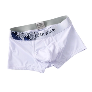 Men's summer thin low-rise boxer briefs with blue wave prints on elastic waistband