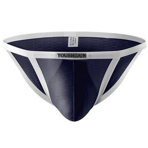 Men's low rise navy mesh briefs with white elastic waistband and brand logo