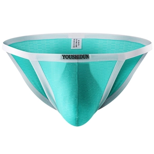 Detail of teal knit mesh fabric on men's low-rise briefs with a high elasticity texture