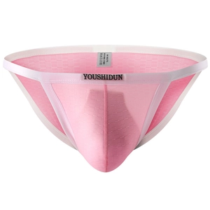 Men's pink low-rise knit briefs with mesh texture and elastic logo waistband