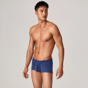 Détail du caleçon tissé à carreaux bleus pour hommes avec braguette à bouton et coton doux