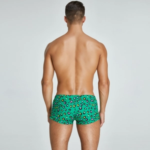 Vista posteriore del boxer da uomo in tessuto con vivace stampa leopardata su base verde