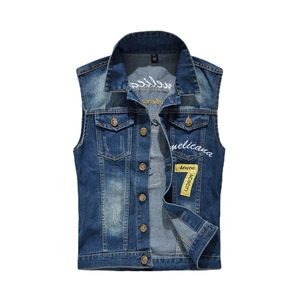 Men Casual Denim Vest Washed Cotton Sleeveless Jacket Embroidered Applique Number Seven Streetwear Fashion Youth Top