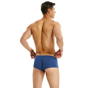 Vista posteriore dei boxer da uomo in tessuto con motivo micro-pied de poule blu e bianco