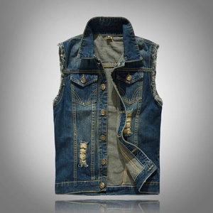 Men's slim fit distressed denim vest in dark blue with ripped details and lapel collar