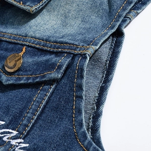 Men's casual washed blue denim vest with yellow contrast stitching and metal button detail