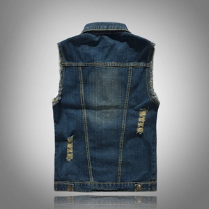 Slim fit men's dark blue denim vest with distressed holes and retro washed texture