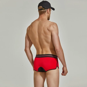 Vue arrière du boxer tissé rouge et noir pour hommes avec ceinture élastique rayée