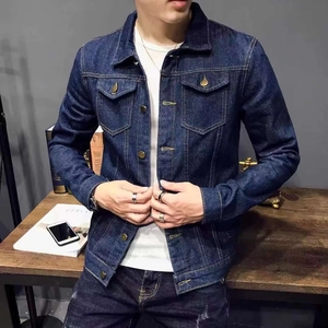Classic men's slim fit denim jacket in deep indigo blue with vintage bronze buttons