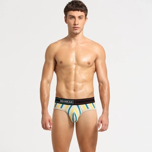 Detailaufnahme der Herren-Slips mit bunten Streifen und elastischem Logo-Bund für Männer