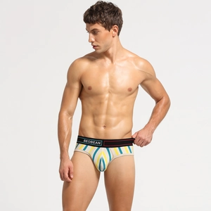 Nahaufnahme der Herren-Slips mit Streifenmuster und U-konvexem Beutel-Design