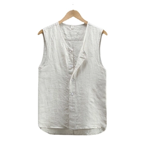 Gilet casual da uomo in lino beige con bottoni frontali e classico scollo a V