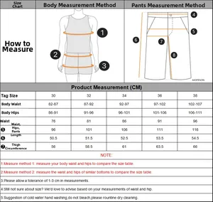 Detailed size chart for men's casual cargo shorts with measurement guide in centimeters