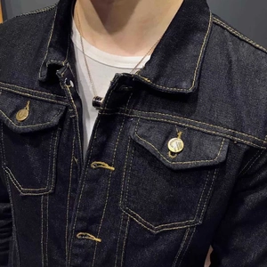 Men's dark denim jacket with contrast yellow stitching and fashion metal buttons