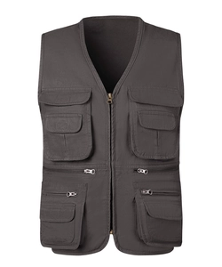 Gilet da esterno grigio scuro da uomo con tasche multiple e chiusura lampo con scollo a V