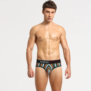 Nahaufnahme der gestreiften Herren-Slip mit elastischem Bund und orangen Akzenten
