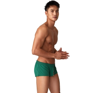 Caleçon homme tissé à carreaux verts avec taille élastique et bouton sur fond blanc