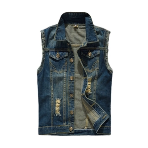 Men Retro Ripped Denim Vest Distressed Frayed Hem Cotton Sleeveless Jacket Slim Fit Workwear Streetwear Outerwear Top Blue