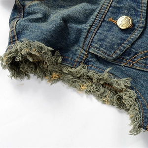 Men's casual distressed denim vest featuring frayed hem details and metal buttons