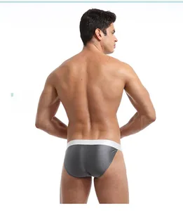 Rear view of men's grey ice silk briefs with white contrast waistband on a white background
