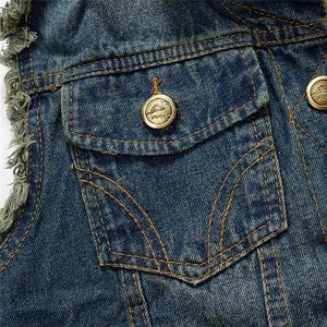 Men's retro distressed denim vest featuring ripped edges and vintage metal buttons