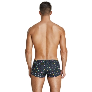 Pantaloncini da bagno uomo a vita bassa con pois colorati su tessuto nero ad asciugatura