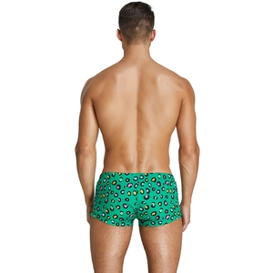 Costume da bagno uomo verde brillante con stampa leopardata colorata e vita elastica