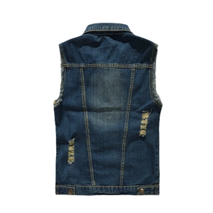 Back view of men's distressed blue denim vest with ripped details and vintage wash finish