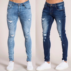Schmal geschnittene Herren-Zerstörte-Jeans mit Rissen und Wascheffekt in Blautönen