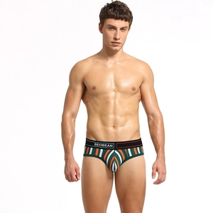 Herren-Slip mit niedriger Taille, dunkelgrün mit bunten Streifen und elastischem Taillenbund