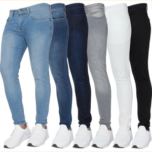 Detail display of skinny men's denim pants in light blue, dark blue, grey and black colors