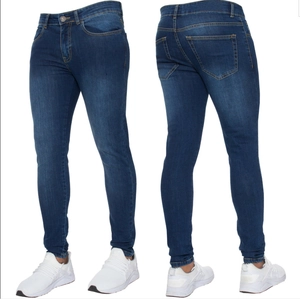 Detailed view of slim fit dark blue men's jeans with whiskering and golden contrast stitching