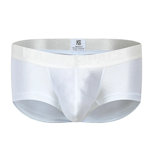 Detail of white nylon men's boxer briefs showing 90% nylon fabric and size M tag