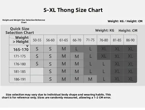 Detailed size chart for men's low-rise briefs covering sizes S to XL with weight and height