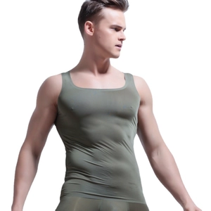Men's olive green slim fit seamless muscle tank top for athletic and base layer wear