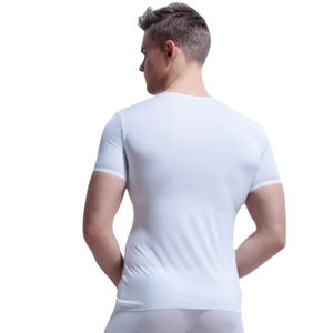 Men's white slim-fit ice silk t-shirt with seamless design and crew neck from back view