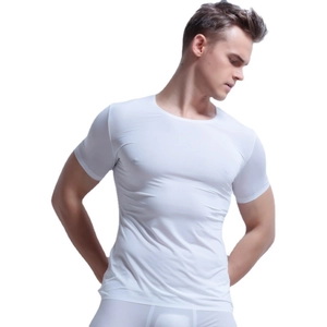 Men's white slim fit ice silk t-shirt with seamless crew neck for athletic layering
