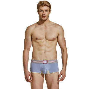 Caleçon tissé pour homme en bleu clair avec taille rayée et braguette à boutons