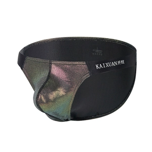 Macro shot of men's briefs featuring metallic iridescent pouch and elastic waistband