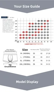 Size chart for men's briefs showing waist and hip measurements for sizes M to XXL