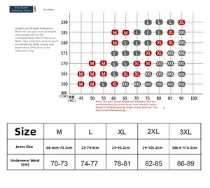 Detailed men's size guide chart for waist 70-89cm and weight 45-100kg for underwear