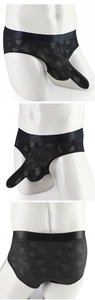 Detail of men's breathable mesh briefs with a long pouch and 520 heart pattern print