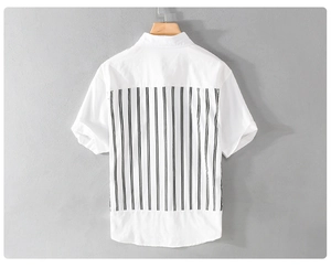 Detail of men's casual shirt featuring vertical striped patchwork on the back panel