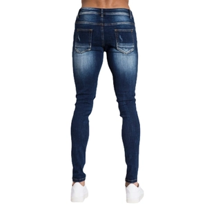Slim Fit Herrenjeans in Blau mit Waschung und destroyed Details an den Gesäßtaschen