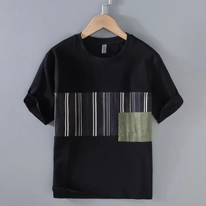 T-Shirt Patchwork en Coton Décontracté pour Hommes Bloc de Couleur Poche Col Rond Manches Courtes Coupe Large Mode Jeunesse