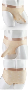Detail view of men's separate pouch underwear in beige mesh fabric with heart pattern