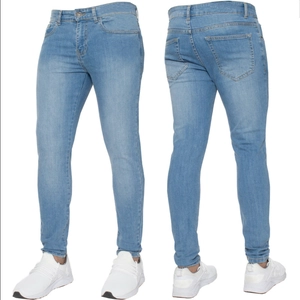 Detailed front and back view of men's skinny light blue washed denim jeans